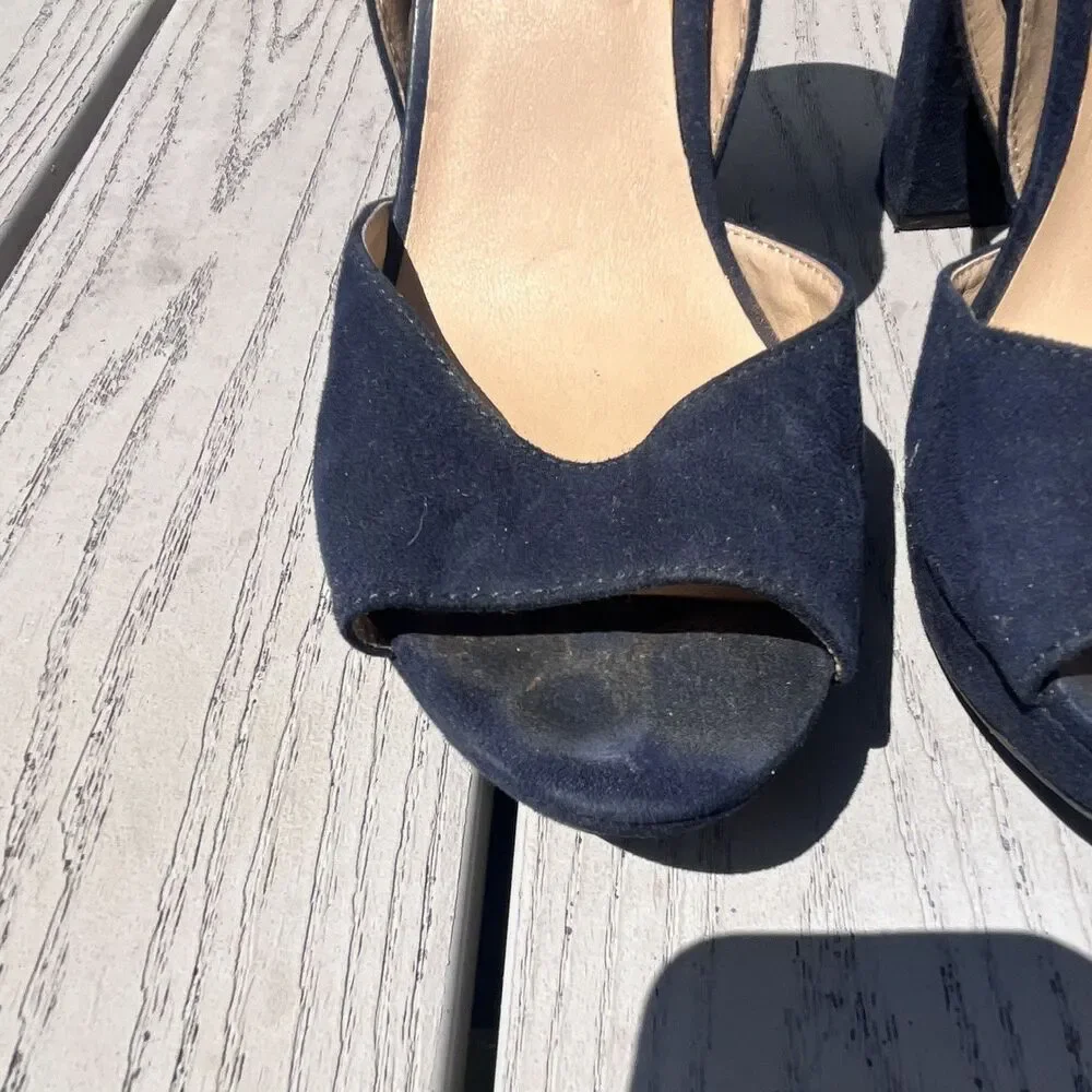 Sun + Stone Women’s Blue Suede Open Toe Strappy Ankle Strap Block Heels